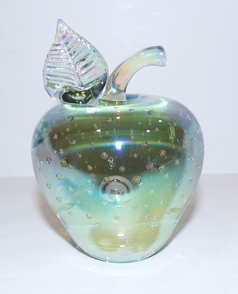 1989 THE GLASS EYE STUDIO MSH ART GLASS IRIDESCENT BUBBLE APPLE 4&quot; PAPER... - $34.64