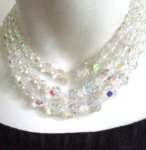 Vintage Prism Cut AB Austrian Crystal Three Strand Necklace 17&quot; Ornate Catch - £26.47 GBP