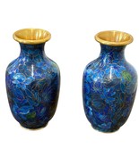 Vintage Chinese Cloisonné Floral Vase Set With Brass Rim/Base Blue Floral - $62.40