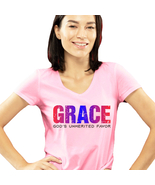 “Grace – God’s Unmerited Favor” (Women's V-neck - Pink Small) - $15.99
