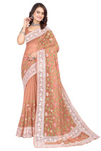 Designer Dusty Peach Multi Resham Embroidery Work Sari Organza Party Wear Saree - £63.23 GBP