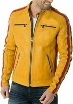 Genuine Lambskin Leather Motorcycle Biker Handmade Casual Yellow Men&#39;s Jacket - $107.30