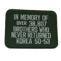 In Memory Of Over 38,807 Brothers Who Never Returned Korea 50-53 Patch - Green A - £6.29 GBP