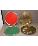 4 Trays, Red, Green, Brass Color, Handprinted with Purple Flowers - £15.65 GBP