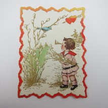 Valentine Card Boy Sailor Suit Blue Robin Bird Embossed Die cut Bifold Antique - £7.47 GBP