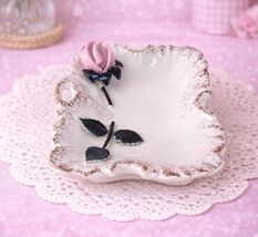 Vintage LEFTON ATOMIC Gold Gilt Trinket Dish Pink Rose - $9.49