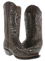 Womens Western Wear Boots Brown Leather Silver Sequins Inlay Wings Snip Toe - $97.00