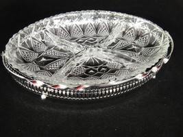 Pressed Glass Divided Relish Dish 11&quot; Oval in Silverplate Carrying Tray ... - $9.79