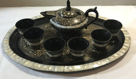 Vintage Tea Set Mother Of Pearl, Hand Etched Brass, 6 Cups, Tea Pot, &amp; Tray - £90.43 GBP