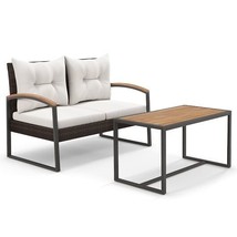2 Piece Patio PE Wicker Furniture Set with Acacia Wood Coffee Table-White - $204.95