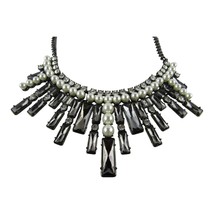 Large Black Crystal Hematite Beaded Statement Necklace Triple Latched 19... - $38.69