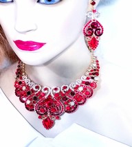 Rhinestone Crystal Choker, Necklace Earring Set, Pageant Prom Jewelry, Red Cryst - £47.13 GBP