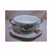 Vintage Cream Soup and Saucer Plate Begonia Shelley England Blue Floral - £45.89 GBP