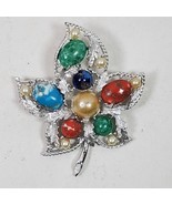 Vintage Sarah Coventry Leaf Brooch Pin Multicolor w/ Silver Tone 2.5 Inch - $7.00