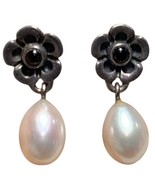 Genuine Pandora Flowers Onyx And Pearls Earrings #290148 Extremely Rare HTF - €174,46 EUR