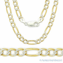 5.2mm Figaro Pave Link 925 Sterling Silver 14k Yellow Gold-Plated Chain Necklace - £70.06 GBP+