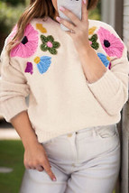 Plus Size Crochet Flower Round Neck Long Sleeve Sweater - £49.01 GBP