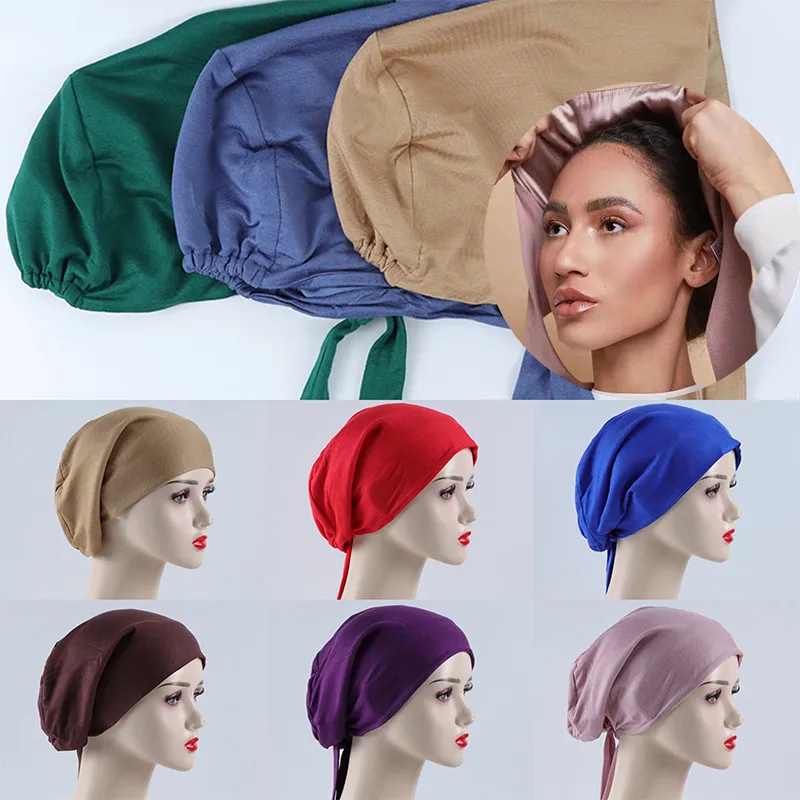Sporting Double Layer Soft Satin  Hijab Cap Islamic Head Wear Hat Underscarf Tie - £23.84 GBP