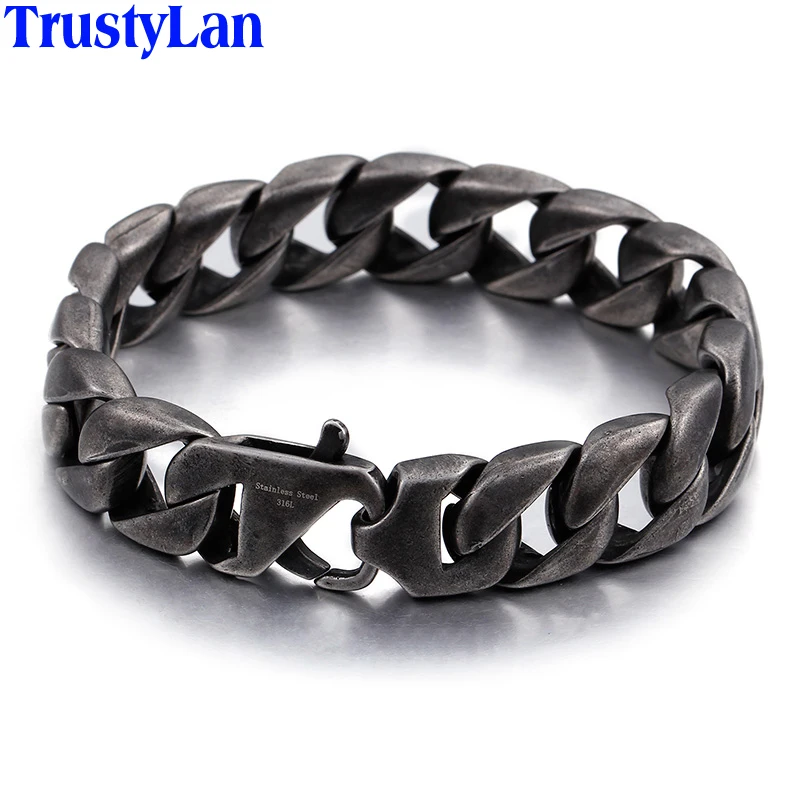 Vintage Black Stainless Steel Men Bracelet Man 15MM Wide Link Chain Men&#39;s Bracel - £26.48 GBP