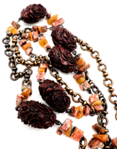 Natural Orange Jade Jasper Chip Carved Flower Bead Antique Copper Tone Necklace - £29.58 GBP