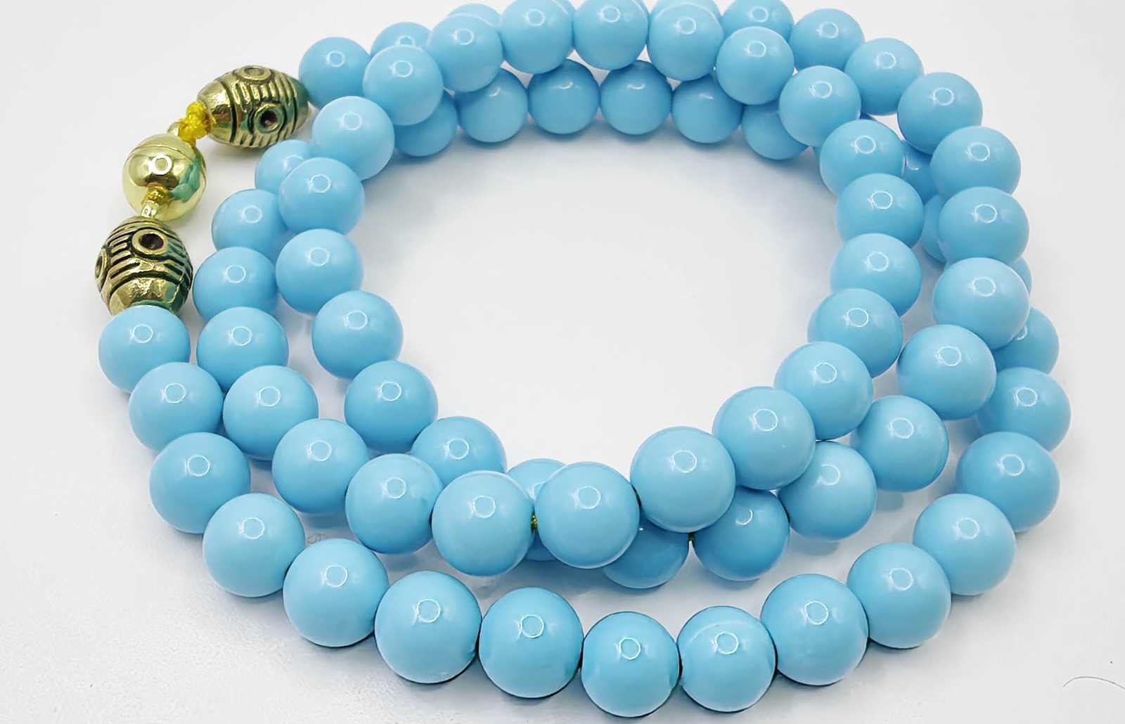 18inch Sleeping Beauty Turquoise Necklace, Round 4-12mm  carabiner  22K gold Cla