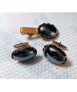Blue Cabochon Gold Cuff Links Tie Clip Set Vintage - $12.18 CAD