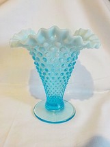 Vintage Fenton Glass Blue Opalescent Hobnail Vase 8&quot; Ruffled Rim - £22.82 GBP