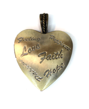 Large Heart Locket Pendant Brass Tone Hope Faith Love Brushed Finish Bilingual - £11.99 GBP