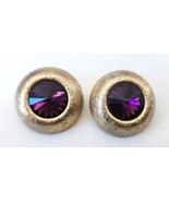 Clip Earrings Etched Antique Gold Tone Setting Round Amethyst Crystals V... - $29.95