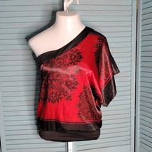 Three Pink Hearts Trexxi One Shoulder Blouse Shirt Sz S Red &amp; Black - £13.62 GBP