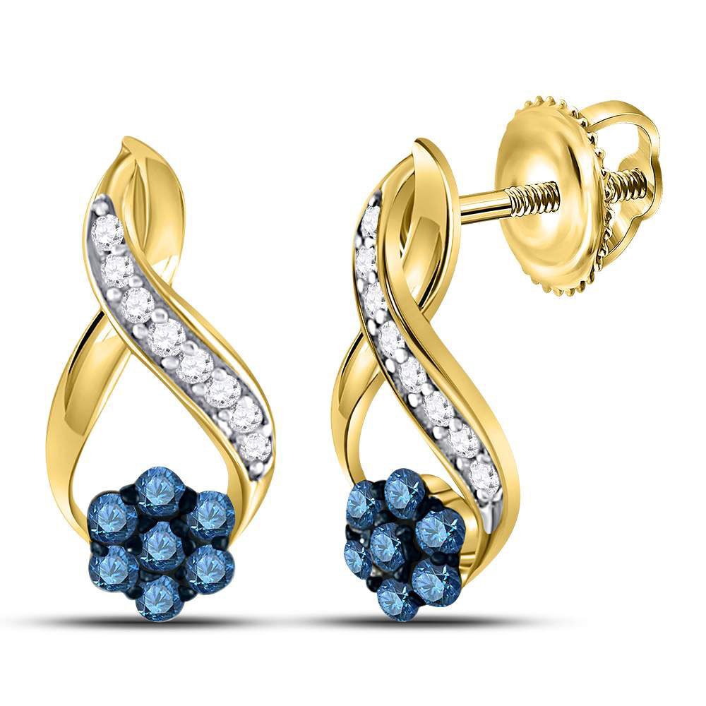 Primary image for 10kt Yellow Gold Round Blue Color Enhanced Diamond Cluster Earrings 1/5 Ctw