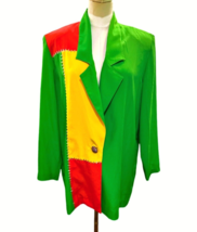80s Vintage Bright Color Block Boxy Blazer Jacket Size 8 Kelly Green Embellished - £37.70 GBP