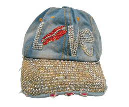 Rhinestone Love Denim Baseball Cap Trucker Hat Distressed Hip Hop Style ... - £9.89 GBP