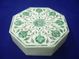6&quot;x6&quot;x2&quot; Decorative White Marble Jewelry Box Marquetry Malachite Inlay G... - $328.12