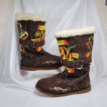 Don Ed Hardy Boots Brown Suede Leather Tattoo Buckle Fur Boots Woman Sz ... - £61.86 GBP