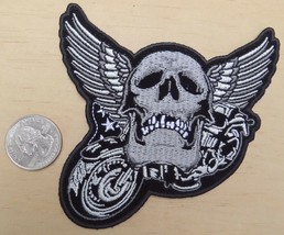 Winged Skull &amp; Motorcycle IRON-ON / SEW-ON Patch 4x3.8 Inch Biker - £4.40 GBP