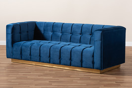 Marlie Navy Blue Velvet Fabric Upholstered Brushed Gold Finished Sofa - $15,808.92 MXN