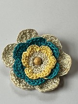 Vintage Handmade Cream Turquoise &amp; Yellow Crocheted Layered Flower w Wood Center - £8.70 GBP