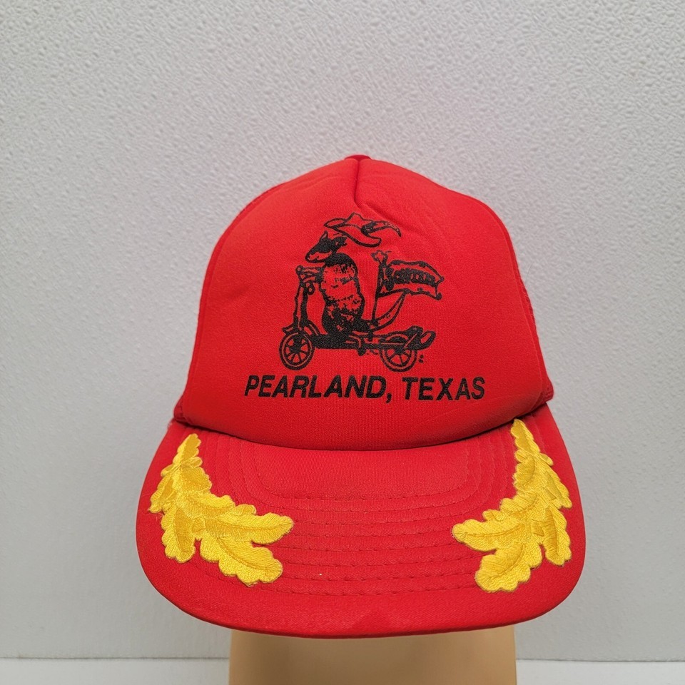 Vintage Pearland Texas Foam Trucker Red Snapback Hat Cap Scrambled Eggs - $29.60