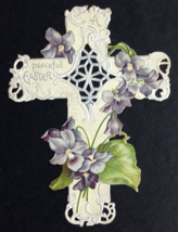 Victorian Die Cut Easter Card Ornate Cross Purple Flowers Silver Embosse... - $29.99