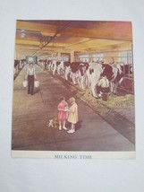 Vintage Art Print Milking Time Farmer Dairy Cows Girls Feed Kittens Pink Yellow - £23.59 GBP