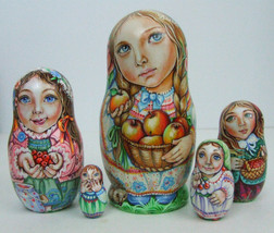 5pc painted one russian nesting doll &quot;Girls, Apples Berries&quot; _ chmelyova - £429.22 GBP