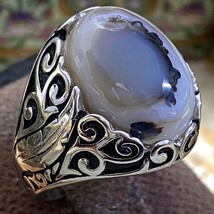 925 sterling Silver mens ring Natural blue picture Agate Aqeeq عقيق مصور يماني - £51.60 GBP