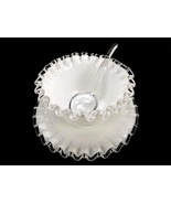 White Milk Glass Mayo Bowl w/Underplate &amp; Glass Spoon, Ruffled Silver Crest - $39.15