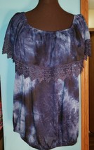 NWT Paper + Tee Womens Blue Tie Dye Crochet Off The Shoulder Blouse Top Size 1X - £13.07 GBP