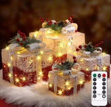 4 Christmas Lighted Gift Boxes Decorations with Remote Control, Boxes with Ribbo - £26.67 GBP