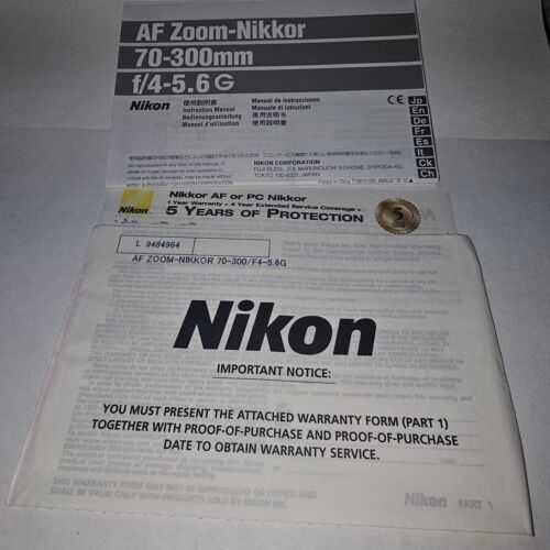 Nikon Nikkor AF Zoom 70-300mm f/4-5.6G Lens - Genuine Instruction Manual