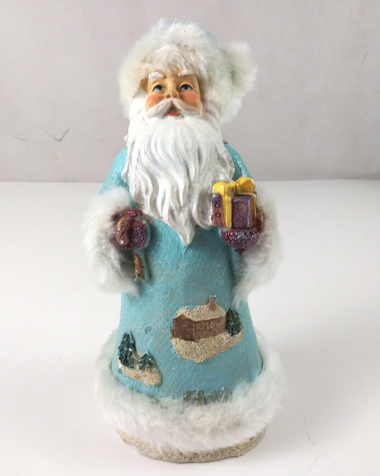 Greenbrier Beautiful Blue Coat Santa Holding Present &amp; Candy Cane 7&quot; Fig... - $11.87