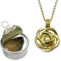 Rose Flower Gold Plated Cage Necklace Cultured Pearl In Oyster Set Steel Chain - £47.07 GBP