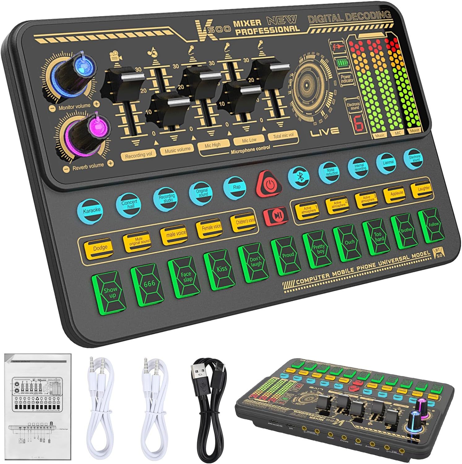 Audio Mixer With Effects, Live Sound Card With Volume Fader, Voice, Gift - $44.94